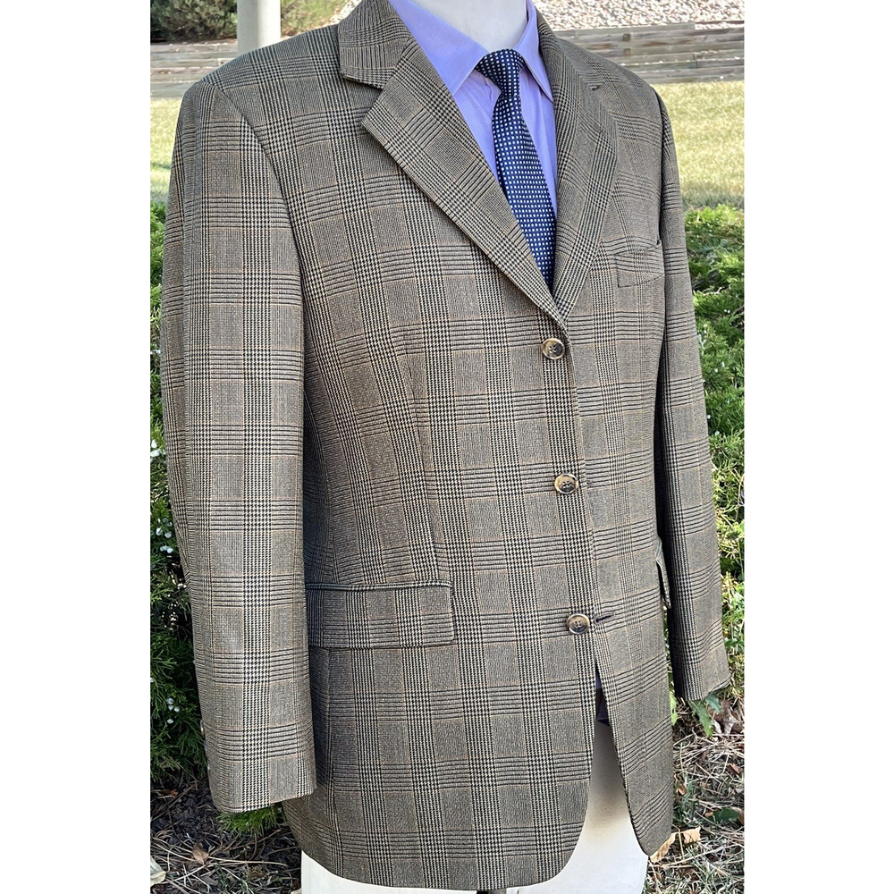 40R Brooks Brothers 346 Mens Vtg Wool 3 Bttn Blazer Sport Coat Tan Brown Glen Ck